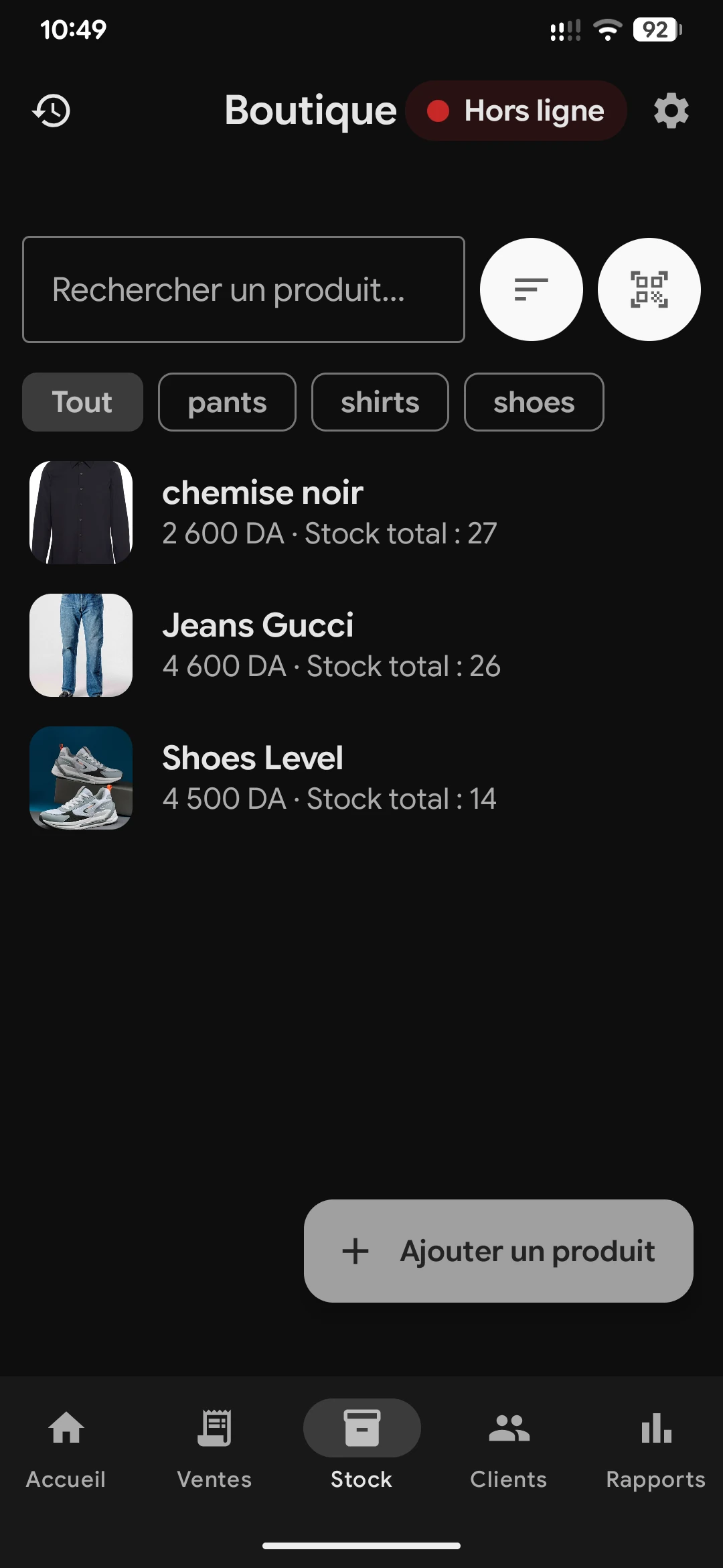 Stock par taille et couleur